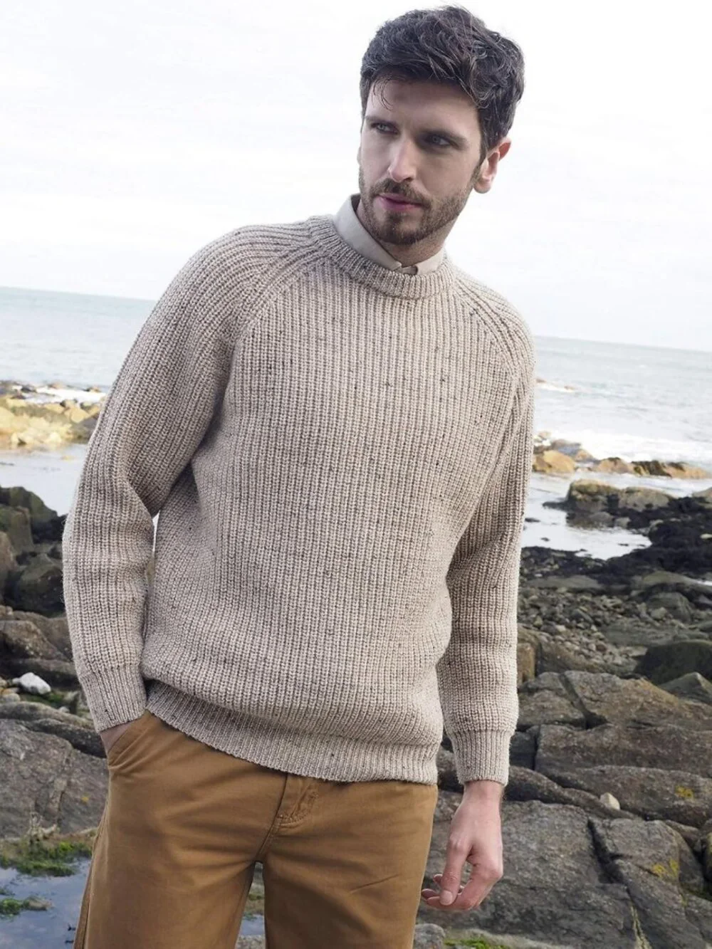 Cozy Irish Fisherman Rib Stitch Wool Sweater for Men - Classic Knit Style